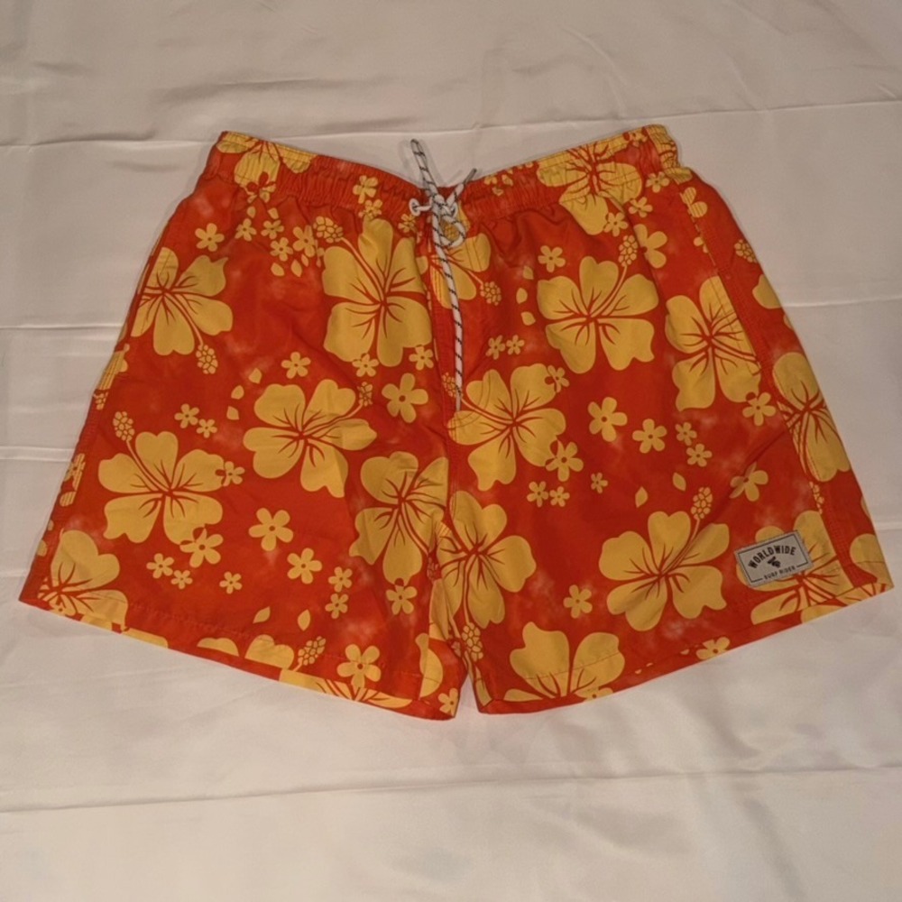 Worldwide Surf Rider Swim Trunks Mens‎ Medium Orange Yellow Hibiscus Floral